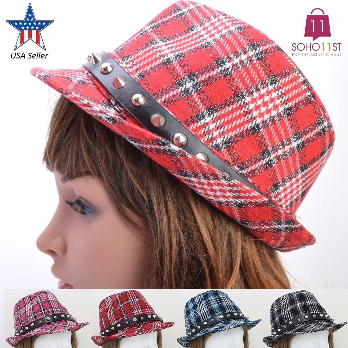New Winter Women Girls Plaid Check Fedora Hat Wool Blend Spike Fedora Hat H0315