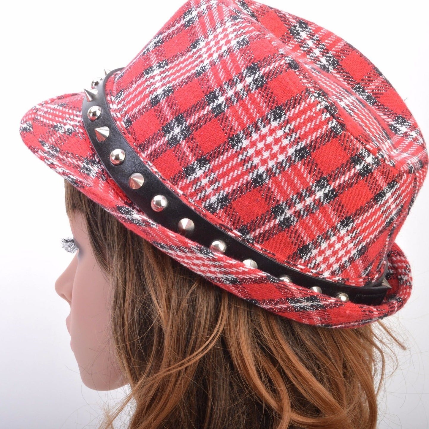 New Winter Women Girls Plaid Check Fedora Hat Wool Blend Spike Fedora Hat H0315