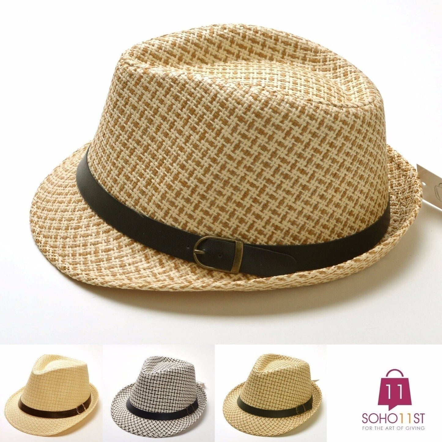 Fedora Hat Faux Leather Belt Short Brim Hat Trilby Cuban 100% paper H146-148
