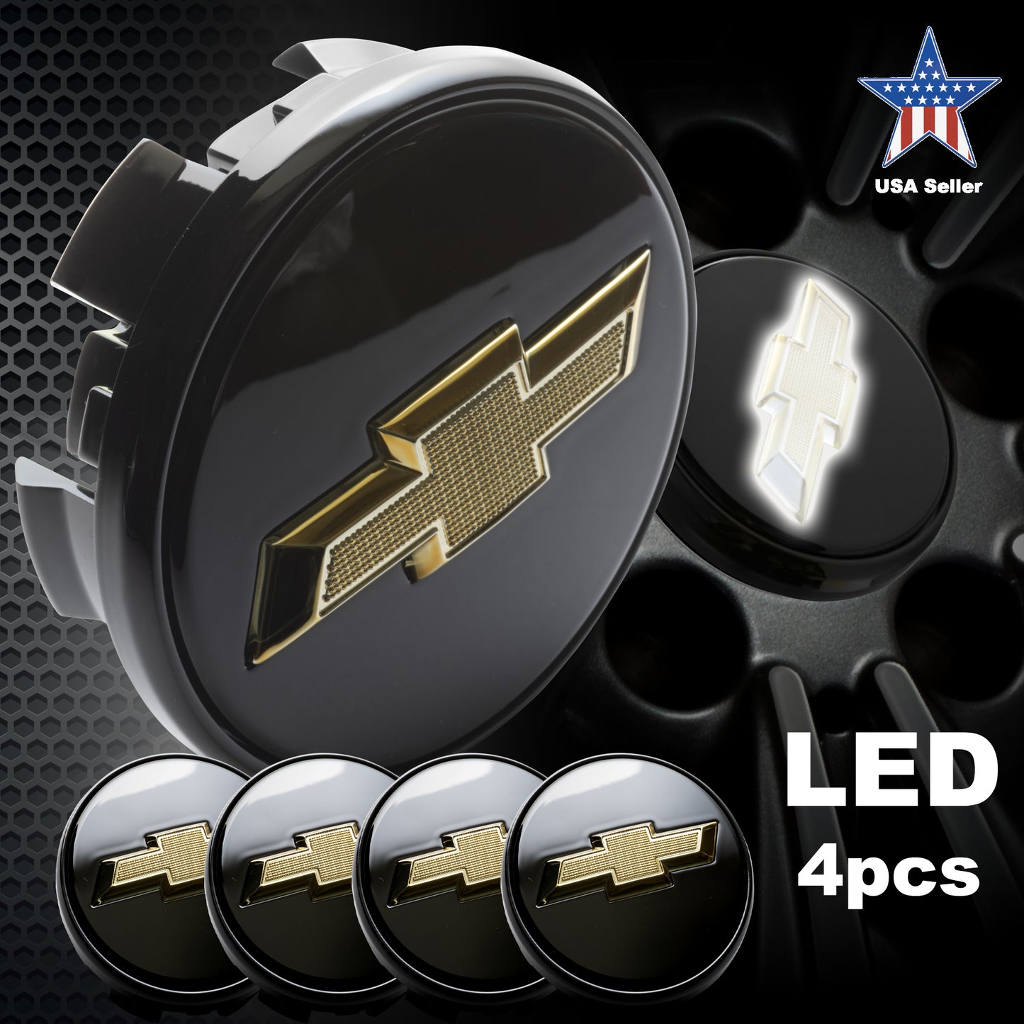 4Pcs Chevy LED Lighted Wheel Center Hub Cap 3.25” 83mm for 18” 20” 22” Wheels